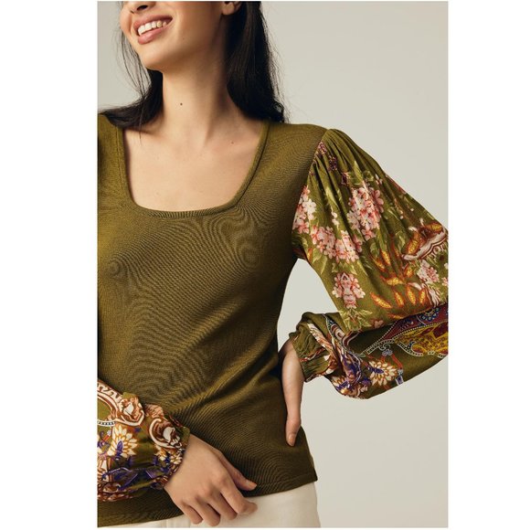 Anthropologie Bl-nk Printed-Sleeve Sweater Top Green Motif - Medium - Picture 4 of 10